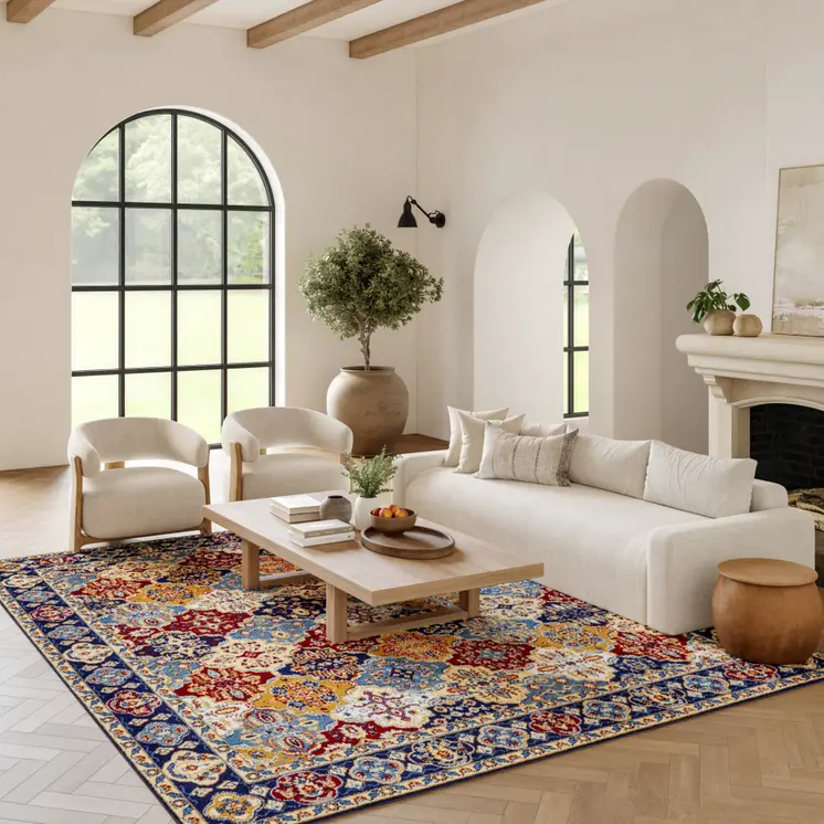 9' X 12' Blue Red and Orange Floral Distressed Non Skid Area Rug