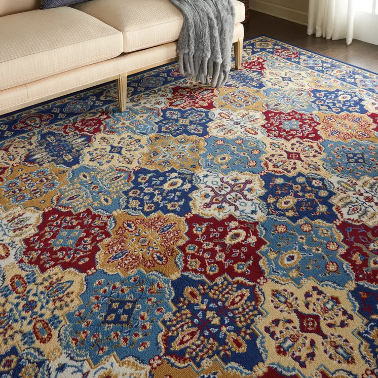 9' X 12' Blue Red and Orange Floral Distressed Non Skid Area Rug