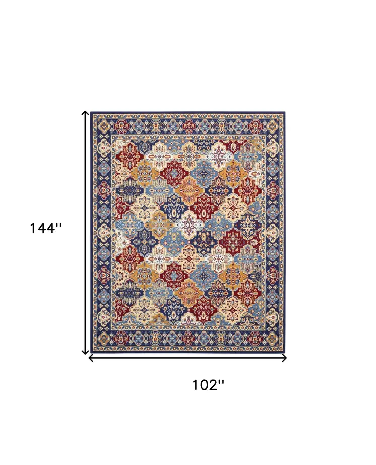 9' X 12' Blue Red and Orange Floral Distressed Non Skid Area Rug