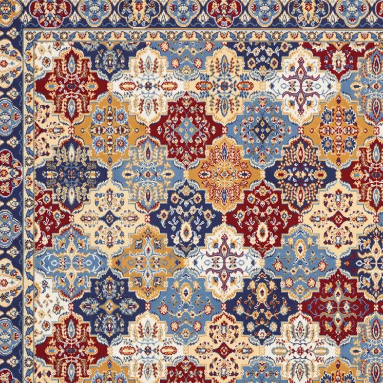 9' X 12' Blue Red and Orange Floral Distressed Non Skid Area Rug
