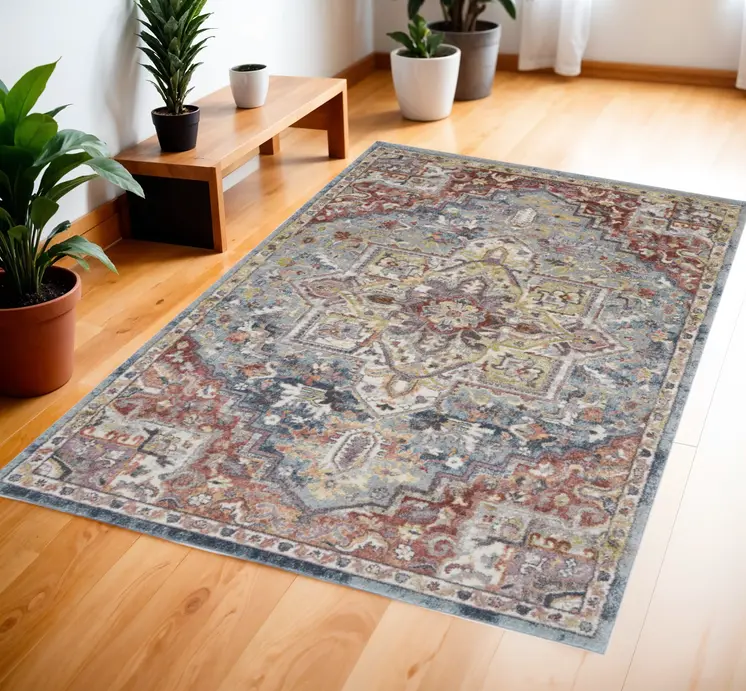 4' X 6' Blue and Red Floral Distressed Area Rug
