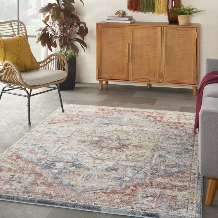 4' X 6' Blue and Red Floral Distressed Area Rug