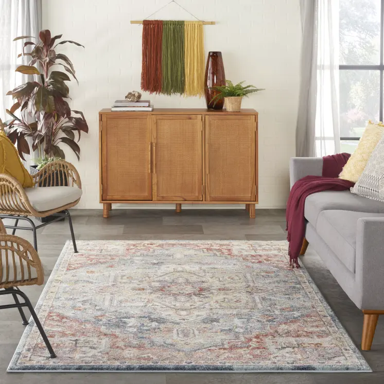 4' X 6' Blue and Red Floral Distressed Area Rug