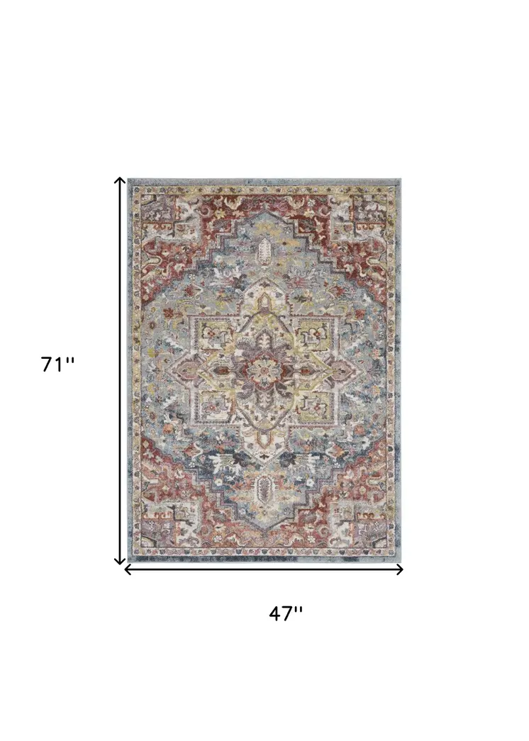 4' X 6' Blue and Red Floral Distressed Area Rug