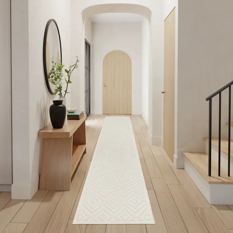 16' White And Ivory Geometric Indoor Outdoor Runner Rug