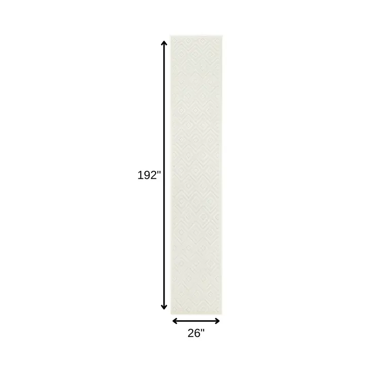 16' White And Ivory Geometric Indoor Outdoor Runner Rug