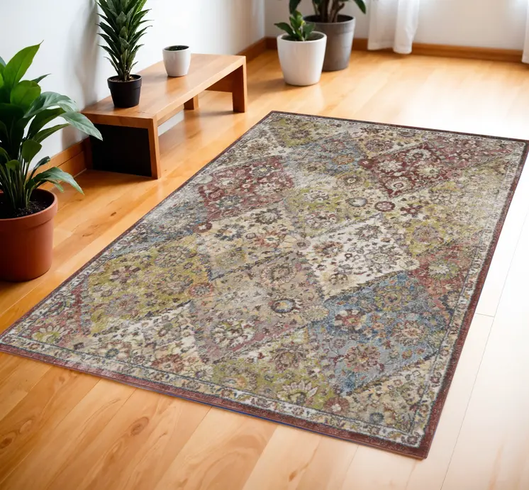 4' X 6' Green and Ivory Floral Distressed Area Rug