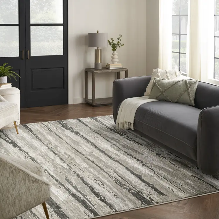 8' X 10' Ivory Black and Gray Abstract Non Skid Area Rug