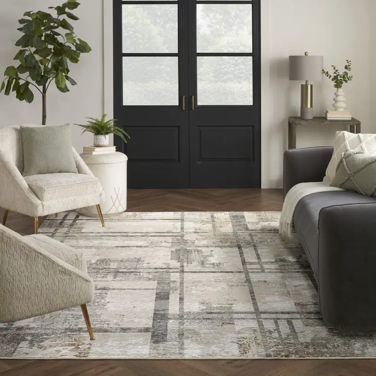 8' X 10' Ivory and Black Abstract Non Skid Area Rug