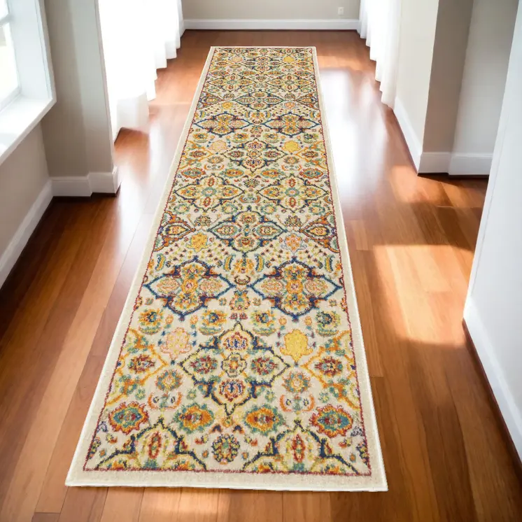 12' Blue And Yellow Floral Runner Rug
