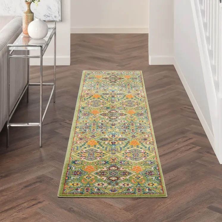 12' Green And Red Medallion Runner Rug