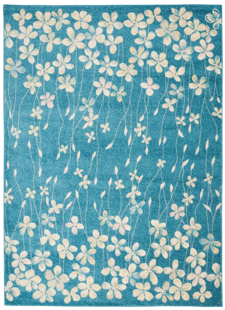 5' X 7' Turquoise and Cream Floral Area Rug
