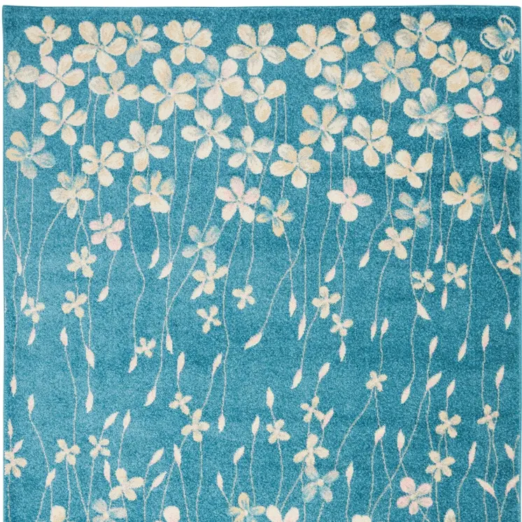 5' X 7' Turquoise and Cream Floral Area Rug