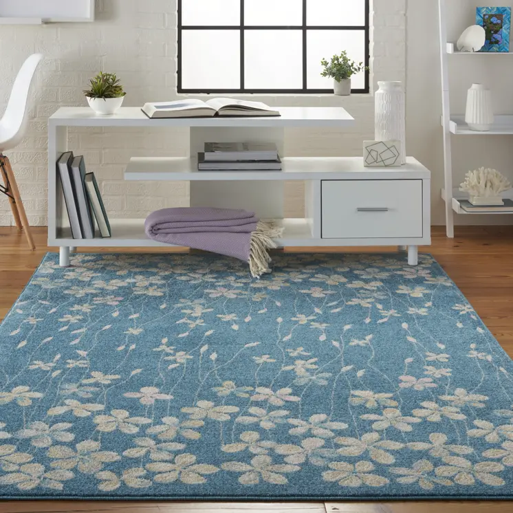 5' X 7' Turquoise and Cream Floral Area Rug