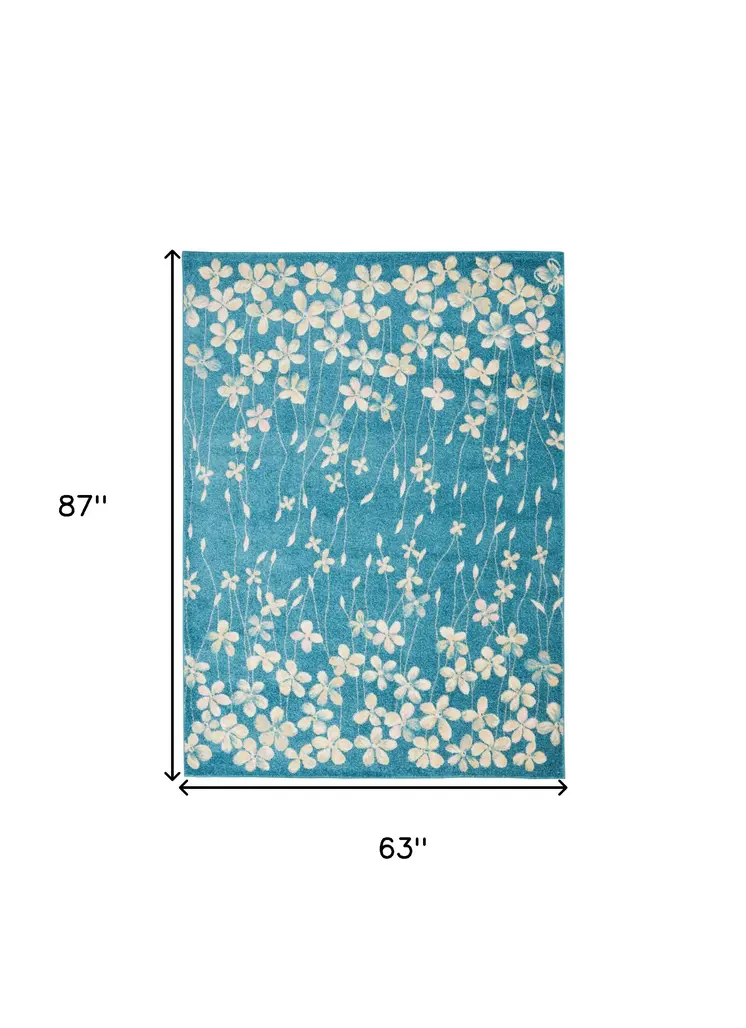 5' X 7' Turquoise and Cream Floral Area Rug