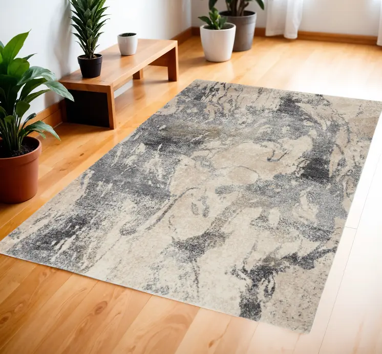 4' X 6' Cream and Gray Abstract Distressed Area Rug