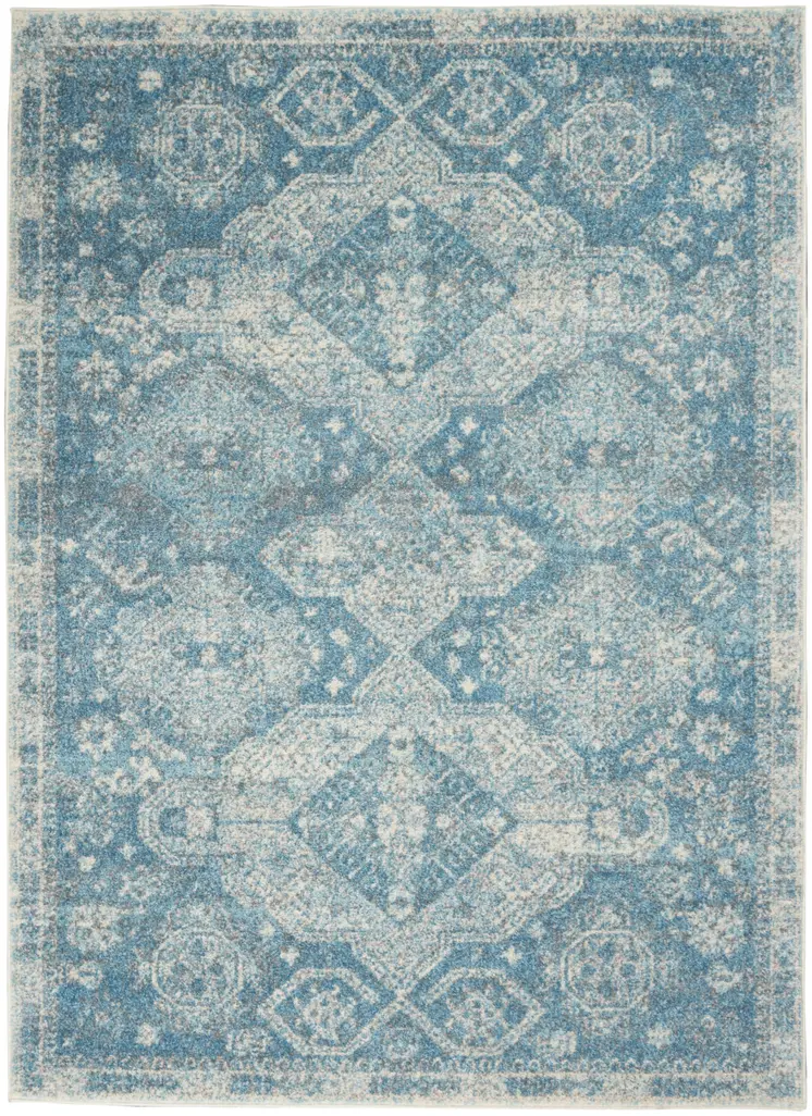 6' X 9' Ivory and Light Blue Medallion Distressed Area Rug