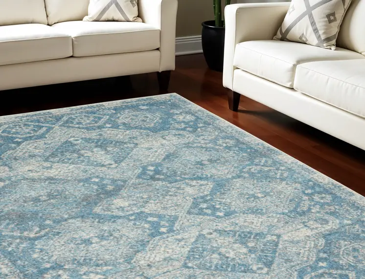 6' X 9' Ivory and Light Blue Medallion Distressed Area Rug