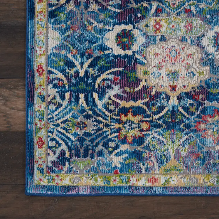 6' Navy Blue and Gold Floral Distressed Non Skid Runner Rug