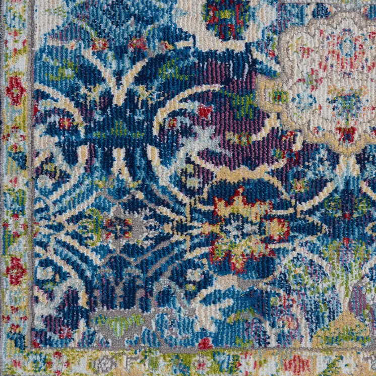 6' Navy Blue and Gold Floral Distressed Non Skid Runner Rug