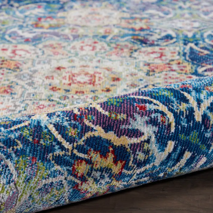6' Navy Blue and Gold Floral Distressed Non Skid Runner Rug