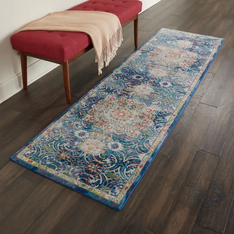 6' Navy Blue and Gold Floral Distressed Non Skid Runner Rug