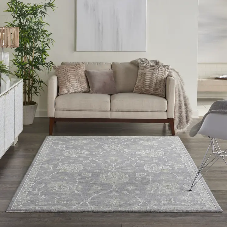 5' X 8' Ivory And Gray Floral Medallion Area Rug