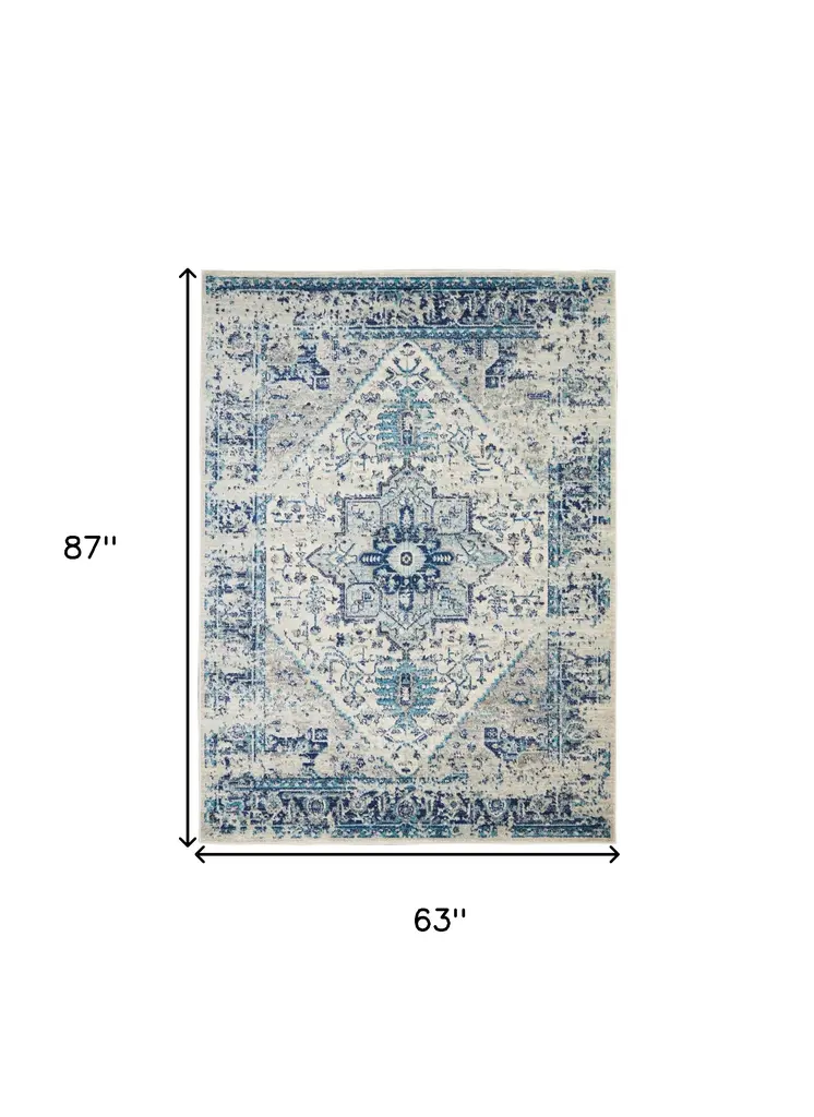 5' X 7' Ivory And Light Blue Floral Medallion Distressed Area Rug