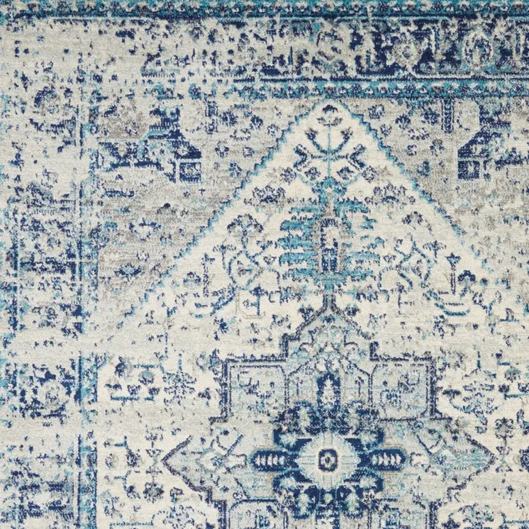 5' X 7' Ivory And Light Blue Floral Medallion Distressed Area Rug