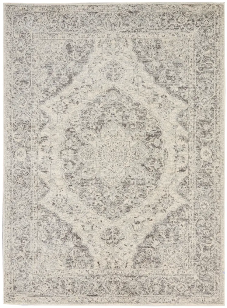5' X 7' Ivory And Gray Floral Medallion Distressed Area Rug
