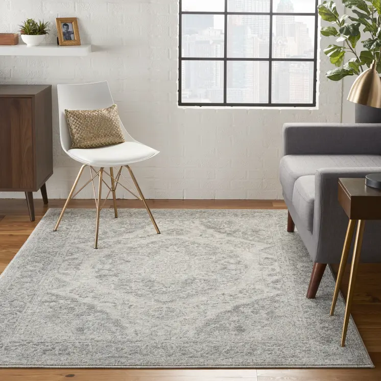 5' X 7' Ivory And Gray Floral Medallion Distressed Area Rug