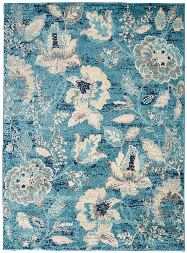 5' X 7' Turquoise Cream and Navy Blue Floral Distressed Area Rug