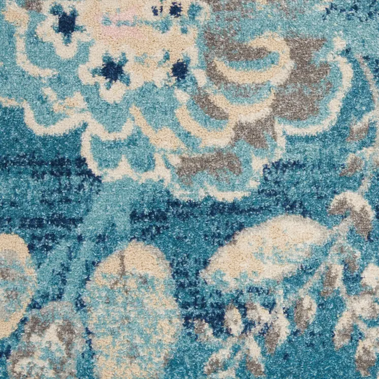 5' X 7' Turquoise Cream and Navy Blue Floral Distressed Area Rug