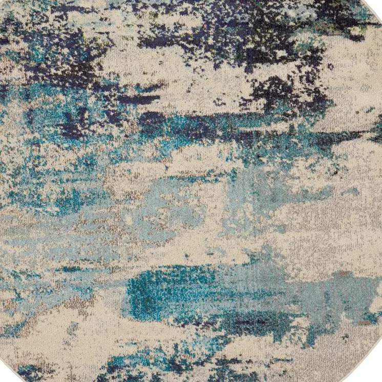 5' X 7' Turquoise Cream and Navy Blue Floral Distressed Area Rug