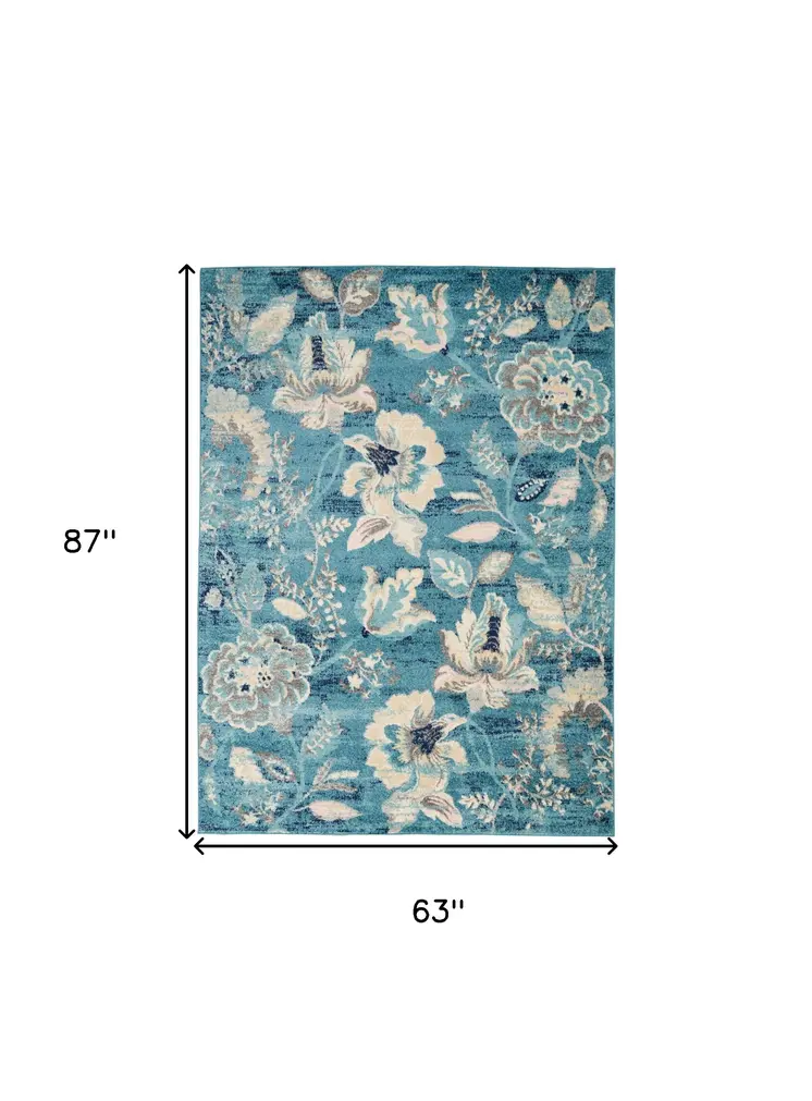 5' X 7' Turquoise Cream and Navy Blue Floral Distressed Area Rug