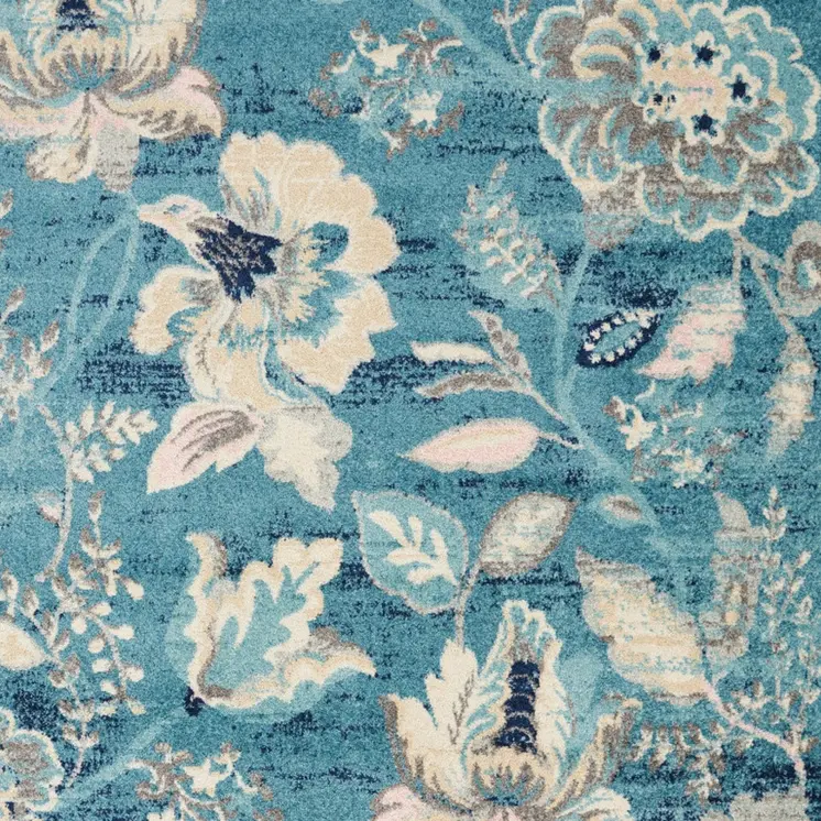 5' X 7' Turquoise Cream and Navy Blue Floral Distressed Area Rug
