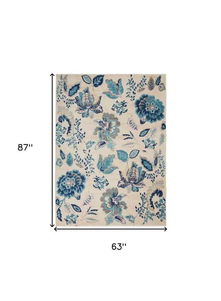 5' X 7' Ivory Navy Blue And Light Blue Floral Area Rug