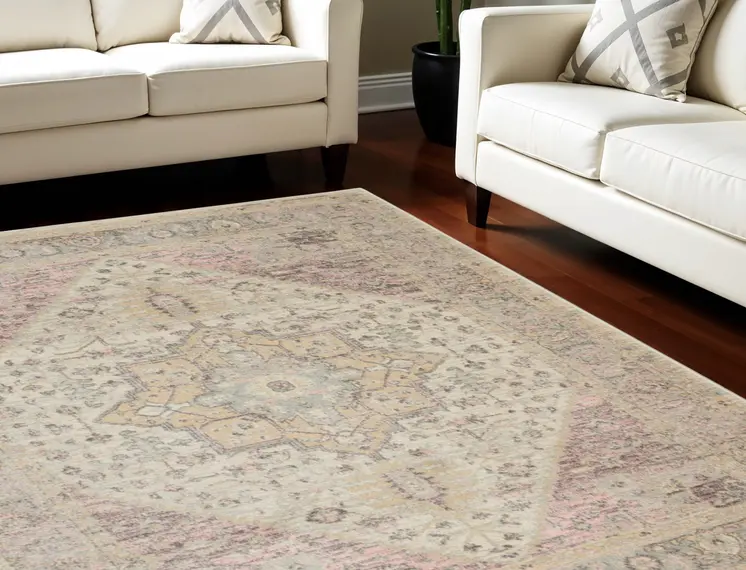 6' X 9' Ivory Pink And Gray Floral Medallion Distressed Area Rug