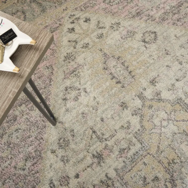 6' X 9' Ivory Pink And Gray Floral Medallion Distressed Area Rug