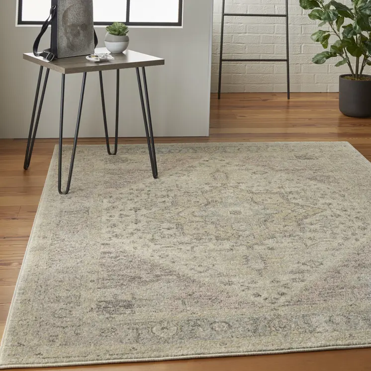 6' X 9' Ivory Pink And Gray Floral Medallion Distressed Area Rug