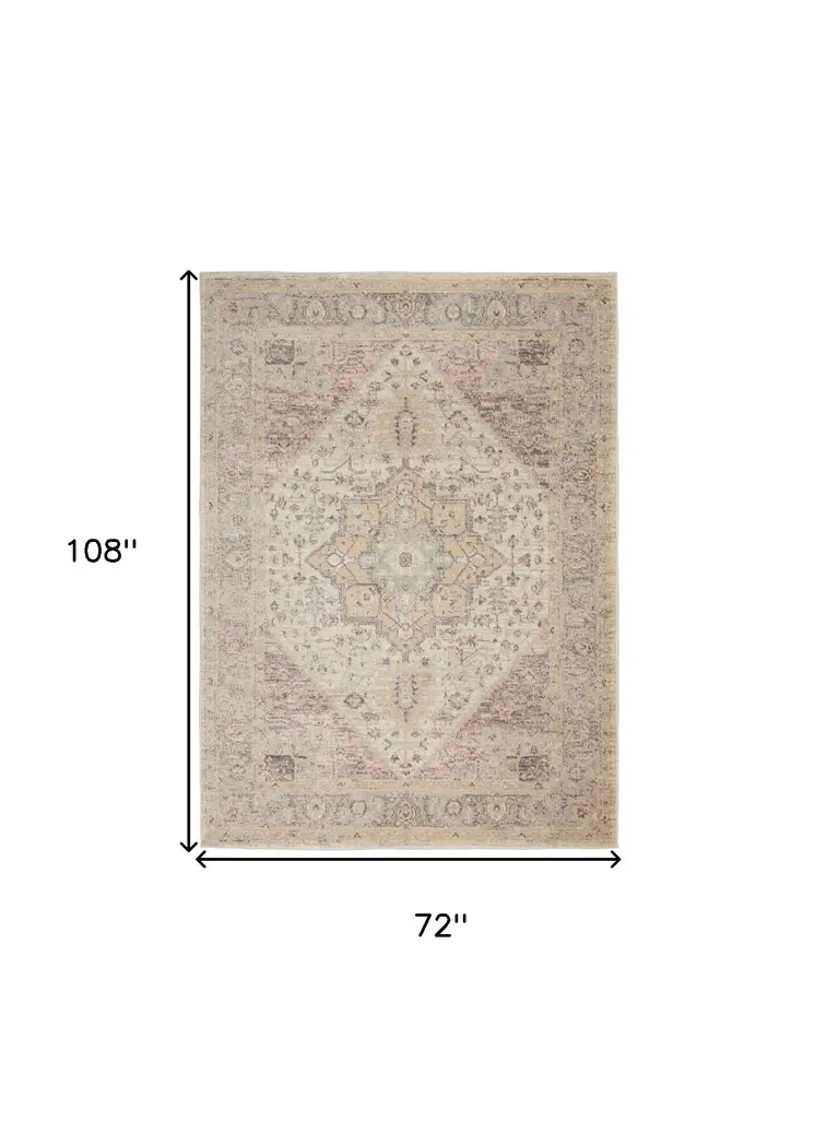 6' X 9' Ivory Pink And Gray Floral Medallion Distressed Area Rug