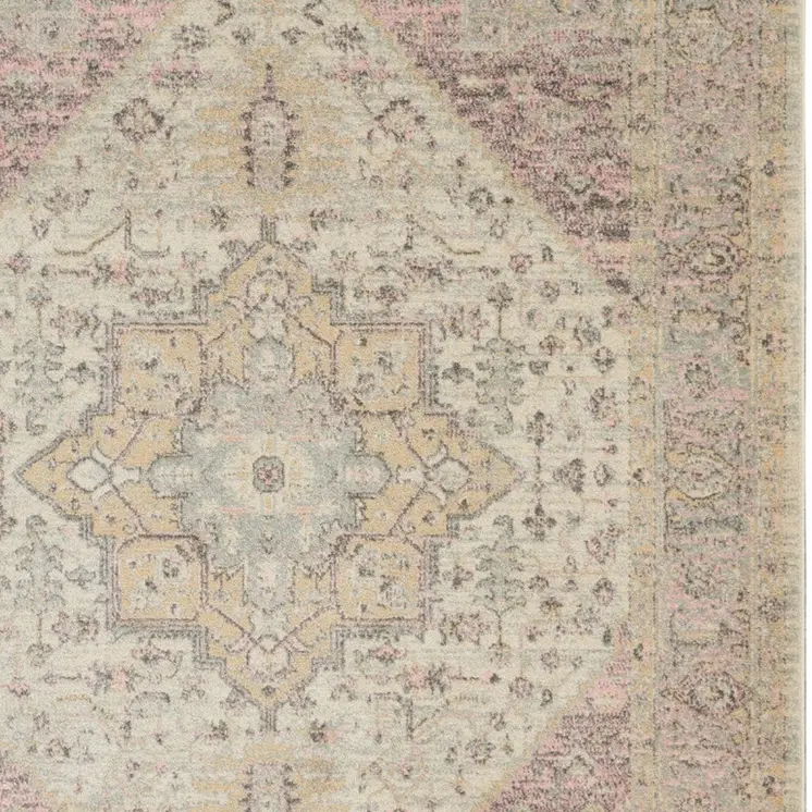 6' X 9' Ivory Pink And Gray Floral Medallion Distressed Area Rug