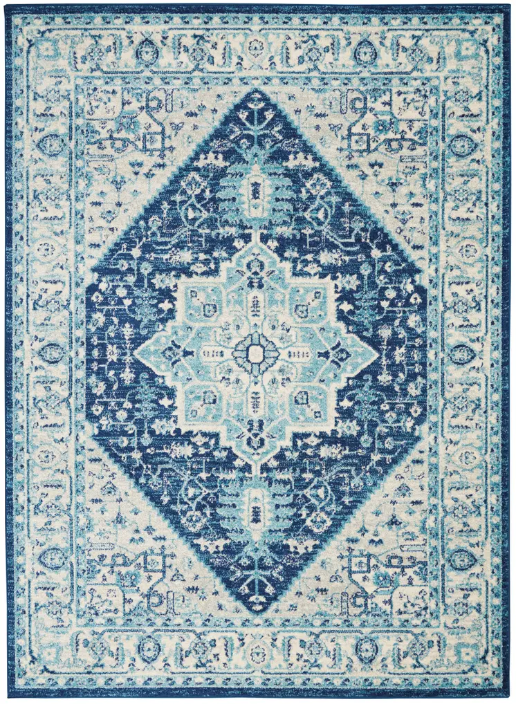 6' X 9' Ivory And Navy Blue Floral Medallion Distressed Area Rug