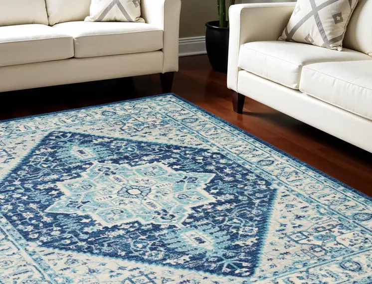 6' X 9' Ivory And Navy Blue Floral Medallion Distressed Area Rug
