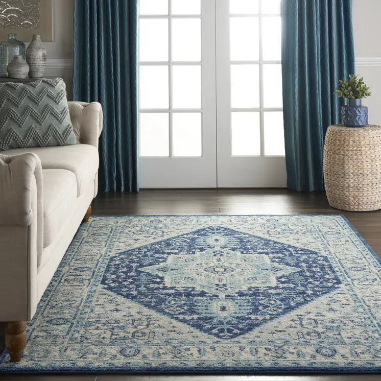 6' X 9' Ivory And Navy Blue Floral Medallion Distressed Area Rug