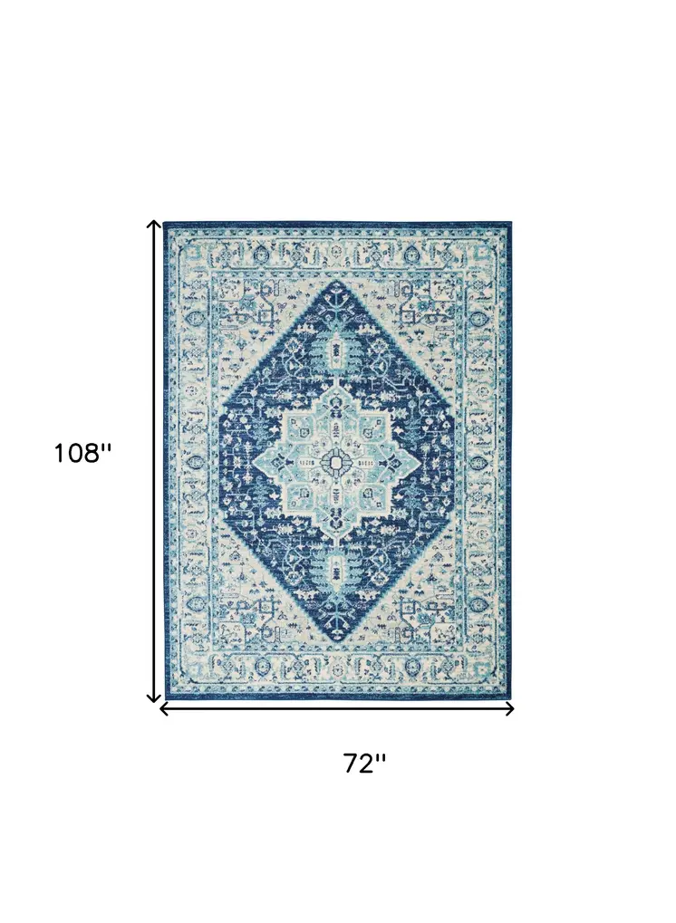 6' X 9' Ivory And Navy Blue Floral Medallion Distressed Area Rug