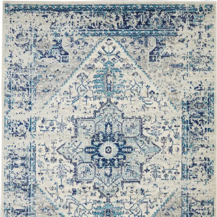 6' X 9' Ivory And Light Blue Floral Medallion Distressed Area Rug