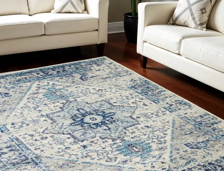 6' X 9' Ivory And Light Blue Floral Medallion Distressed Area Rug