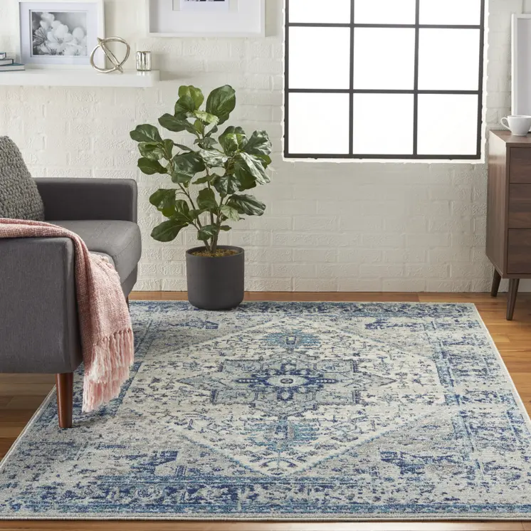 6' X 9' Ivory And Light Blue Floral Medallion Distressed Area Rug