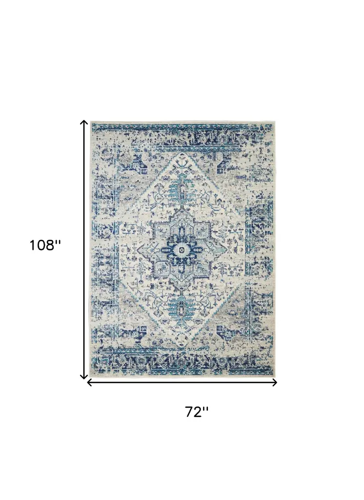 6' X 9' Ivory And Light Blue Floral Medallion Distressed Area Rug